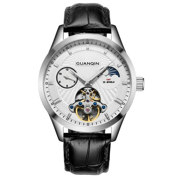 GUANQIN Men Moon Phase Skeleton GMT Luminous Analog Automatic Self Winding Mechanical Vintage Wrist Watch with Stainless Steel or Leather Bracelet Sapphire Mirror Business Clock Man