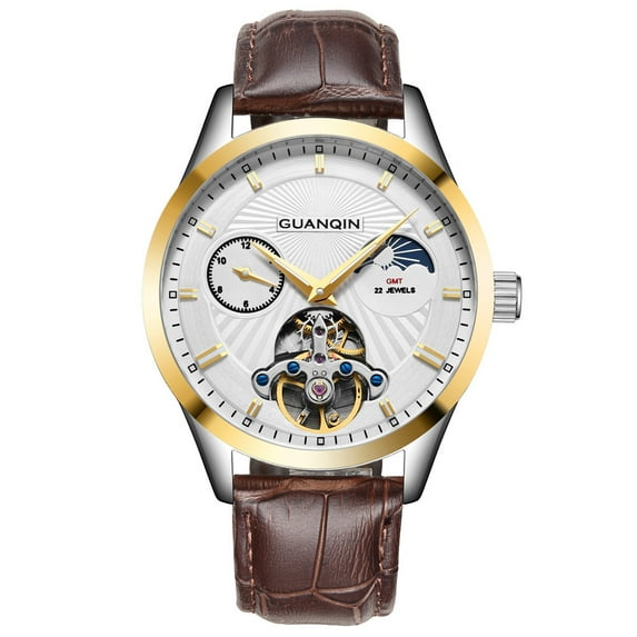 GUANQIN Men Moon Phase Skeleton GMT Luminous Analog Automatic Self Winding Mechanical Vintage Wrist Watch with Stainless Steel or Leather Bracelet Sapphire Mirror Business Clock Man