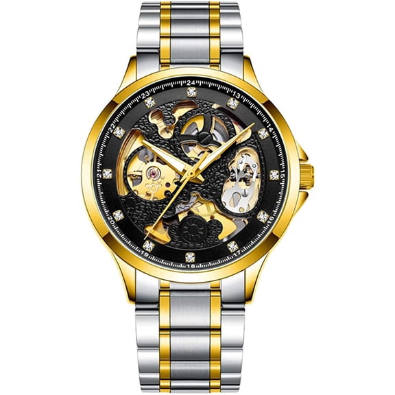 GUANQIN Men Skeleton Analog Sapphire Crystal Clock Automatic Self Winding Mechanical Rhinestone Wrist Watch with Stainless Steel Band Luminous