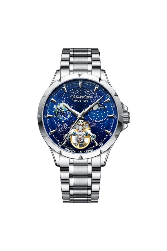 Men Skeleton Automatic Self-Winding Mechanical Luminous Moon Phase Stainless Steel Leather Wrist Watch Sapphire Waterproof Starry Sky Multifunctional Dial Clock
