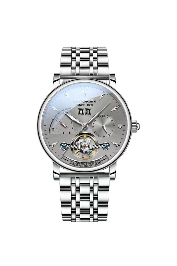 Men Skeleton Automatic Self-Winding Mechanical Wristwatch Luminous Stainless Steel Leather Vintage Wrist Watch Sapphire Crystal Waterproof Multifunctional Dial Clock