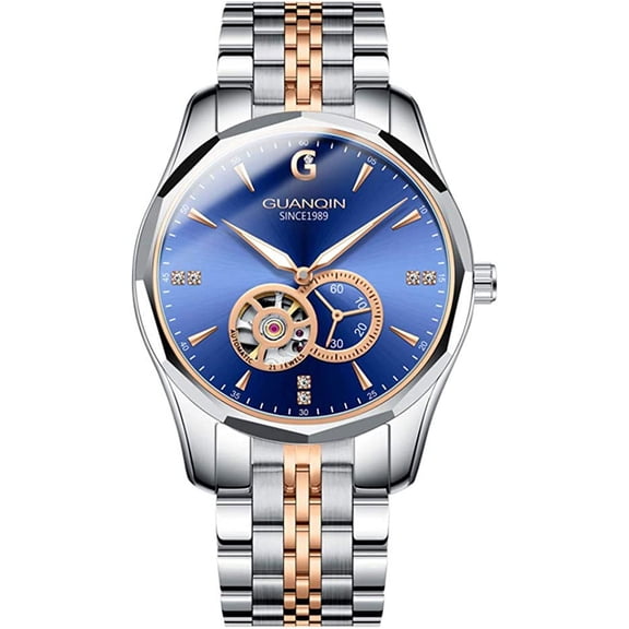GUANQIN Men Skeleton Japan Automatic Self Winding Wrist Watch with Rhinestone Dial Tungsten Steel Band Luminous