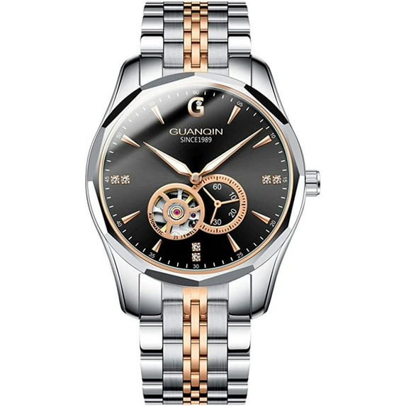GUANQIN Men Skeleton Japan Automatic Self Winding Wrist Watch with Rhinestone Dial Tungsten Steel Band Luminous