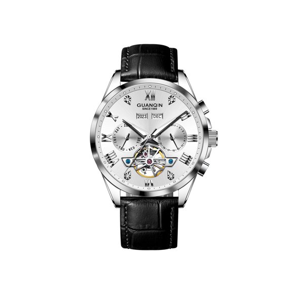 GUANQIN Men Skeleton Original Automatic Self-Winding Mechanical Wristwatch Luminous Stainless Steel Leather Wrist Watch Sapphire Waterproof Multifunctional Dial Clock