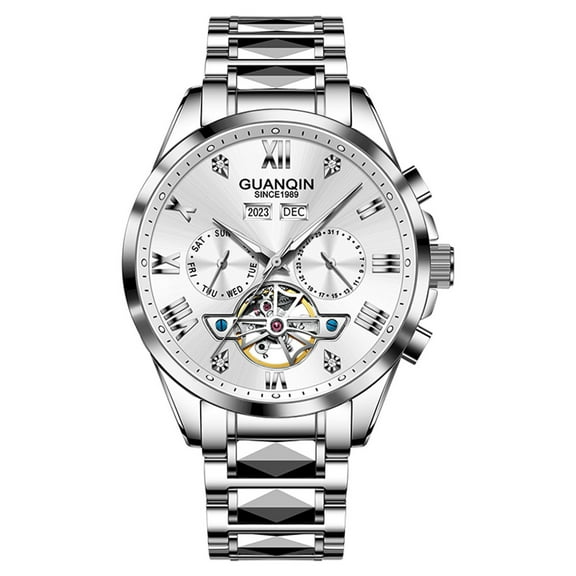 GUANQIN Men Skeleton Original Automatic Self-Winding Mechanical Wristwatch Luminous Stainless Steel Leather Wrist Watch Sapphire Waterproof Multifunctional Dial Clock