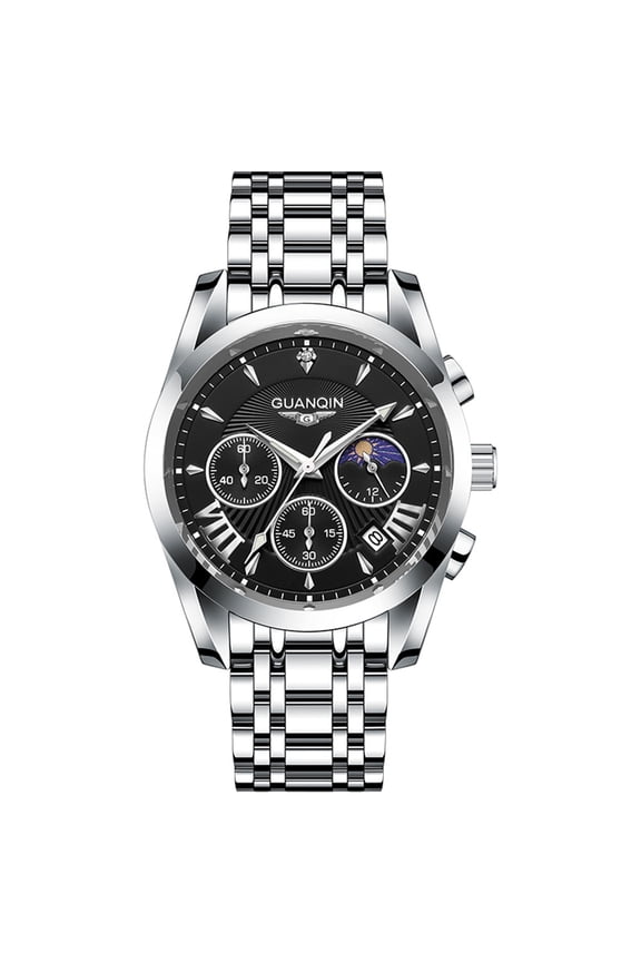 Men Sport Analog Stainless Steel Leather Band Wristwatch Dress Waterproof Calendar Moon Phase Multifunctional Quartz Wrist Watch Casual Fashion Luminous Clock