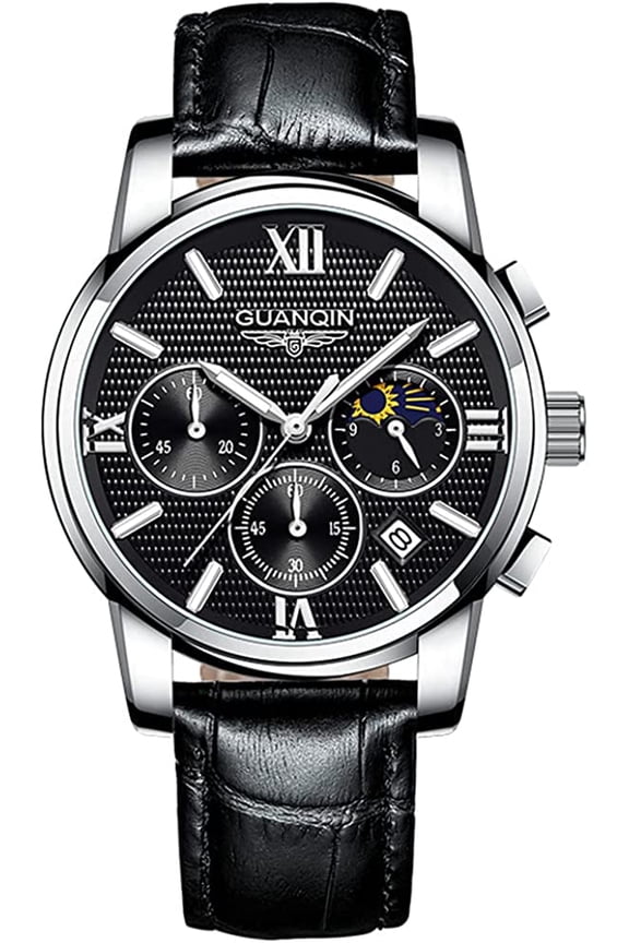 Men Sport Analogue Stainless Steel/Leather Band Wristwatch Dress Waterproof Luminous Calendar Moon Phase Quartz Watch Casual Fashion