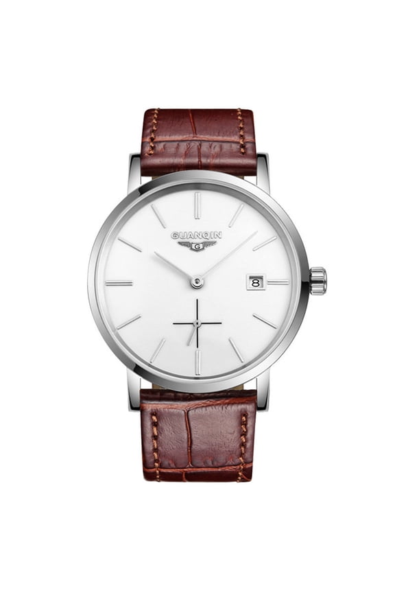 Men Vintage Calendar Analog Automatic Self Winding Mechanical Wrist Watch with Stainless Steel Case and Leather Strap Sapphire Mirror