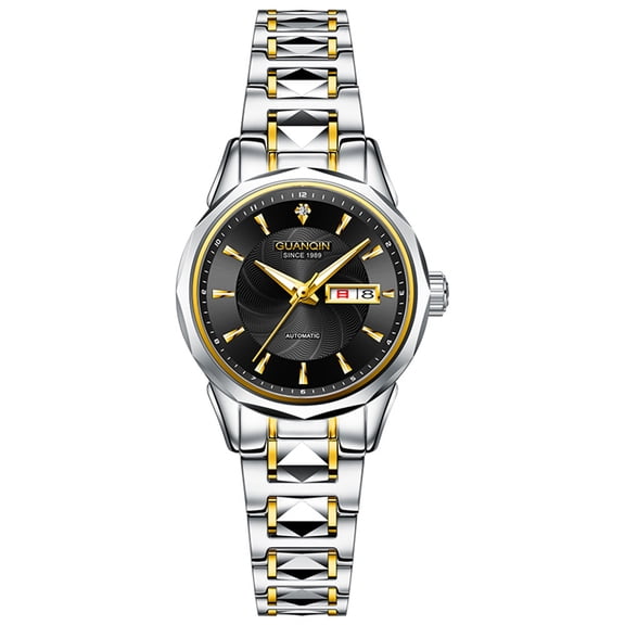 GUANQIN Men Women Calendar Week Rhinestone Vintage Japanese Automatic Self-Winding Mechanical Wrist Watch Tungsten Steel Sapphire Crystal Waterproof Luminous Business Clock