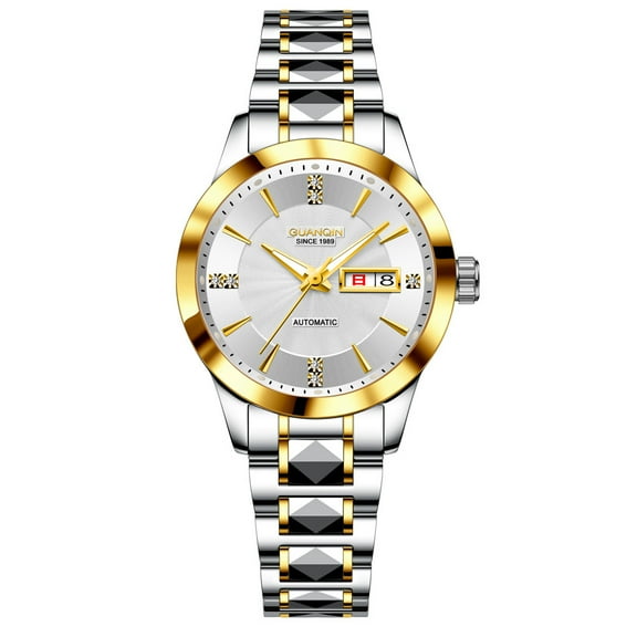 GUANQIN Men Women Couple Calendar Week Diamond Vintage Japanese Automatic Self-Winding Mechanical Wrist Watch Tungsten Steel Band Sapphire Crystal Waterproof Luminous Clock