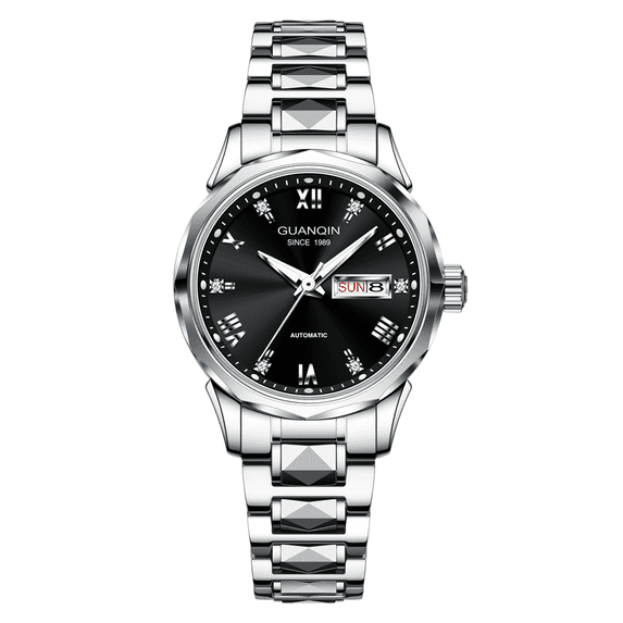 GUANQIN Men Women Couple Calendar Week Diamond Vintage Japanese Automatic Self-Winding Mechanical Wrist Watch Tungsten Steel Sapphire Crystal Waterproof Luminous Clock