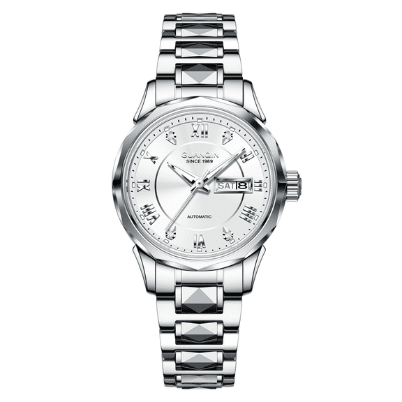 GUANQIN Men Women Couple Calendar Week Rhinestone Vintage Japanese Automatic Self-Winding Mechanical Wrist Watch Tungsten Steel Sapphire Crystal Waterproof Luminous Clock