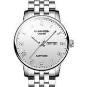 GUANQIN Mens Quartz Fashion Luminous Calendar Wrist Watch with Analog Display and Stainless Steel Band