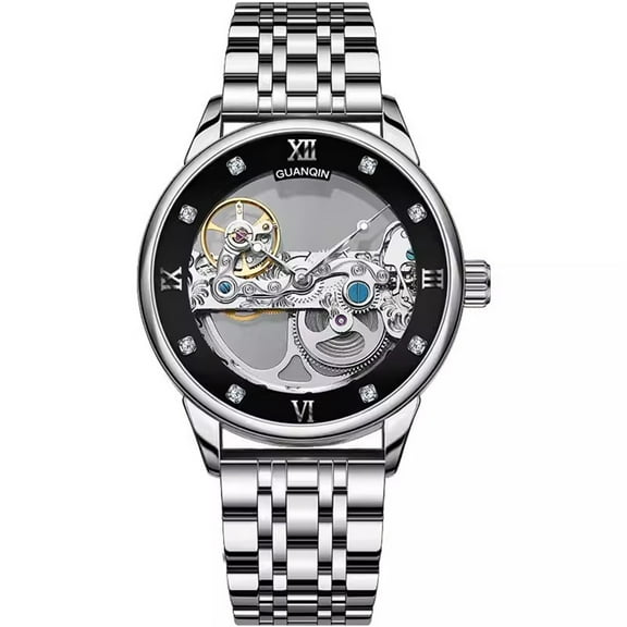 GUANQIN Rhinestone Skeleton Automatic Self-Winding Vintage Wristwatch Men Mechanical Business Wrist Watch Stainless Steel Genuine Leather Sapphire Crystal Waterproof Clock Luminous