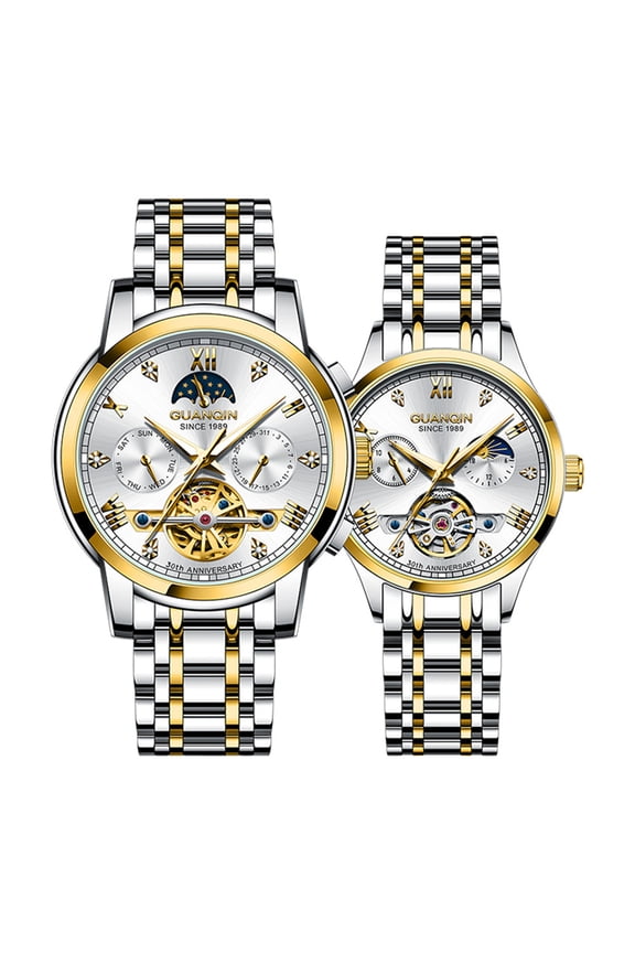 Rhinestone Skeleton Multifunctional Automatic Self-Winding Mechanical Men Women Couple Watch Business Stainless Steel Sapphire Crystal Waterproof Clock Luminous Moon Phase