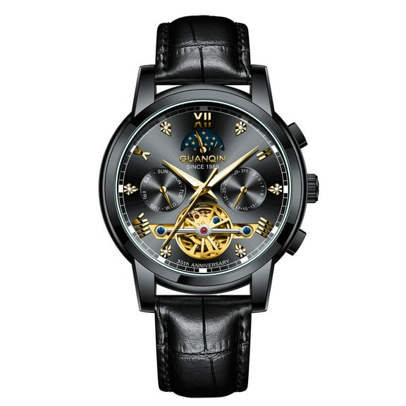 GUANQIN Rhinestone Skeleton Multifunctional Dial Automatic Self-Winding Mechanical Men Wrist Watch Business Steel Leather Sapphire Crystal Waterproof Clock Luminous Moon Phase