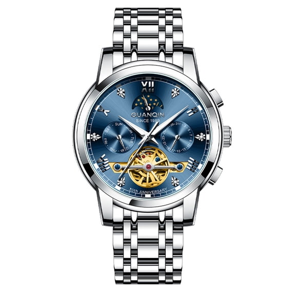 GUANQIN Rhinestone Skeleton Multifunctional Dial Automatic Self-Winding Mechanical Men Wrist Watch Business Steel Leather Sapphire Crystal Waterproof Clock Luminous Moon Phase