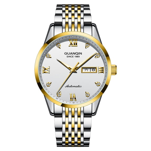GUANQIN Rhinestone Vintage Stainless Steel Wrist Watch Men Sapphire Crystal Automatic Self-Winding Mechanical Business Wristwatch Man Waterproof Calendar Week Luminous Stylish Clock