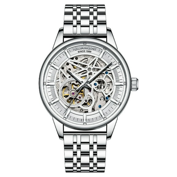 GUANQIN Skeleton Automatic Self-Winding Mechanical Movement Men Wrist Watch Business Stainless Steel Leather Sapphire Crystal Waterproof Clock Man Luminous