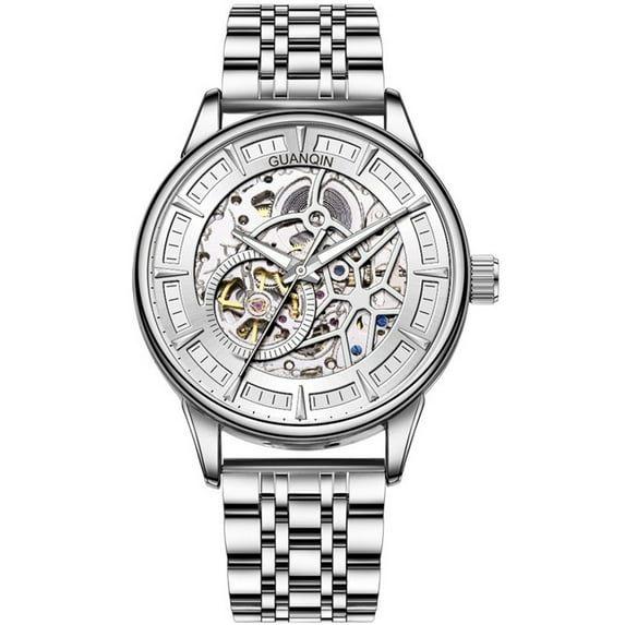 GUANQIN Skeleton Automatic Self-Winding Vintage Wristwatch Men Mechanical Business Wrist Watch Stainless Steel Genuine Leather Sapphire Crystal Waterproof Clock Luminous