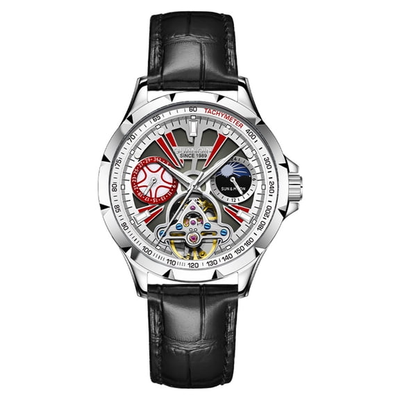 GUANQIN Skeleton Multifunctional Dial Automatic Self-Winding Mechanical Men Wrist Watch Business Genuine Leather Sapphire Crystal Waterproof Clock Luminous Moon Phase