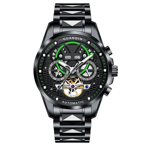 GUANQIN Skeleton Multifunctional Dial Automatic Self-Winding Mechanical Movement Men Wrist Watch Business Tungsten Steel Band Sapphire Crystal Waterproof Clock Man Luminous