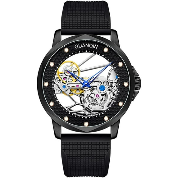 GUANQIN Skeleton Tourbillon Automatic Mechanical Men Wrist Watch Business Stainless Steel Leather Rubber Sapphire Crystal Waterproof Self-Winding Clock Luminous