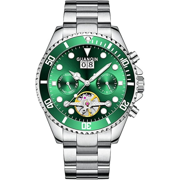 GUANQIN Skeleton Tourbillon Automatic Mechanical Men Wrist Watch Business Stainless Steel Sapphire Crystal Waterproof Self-Winding Clock Luminous Day Date