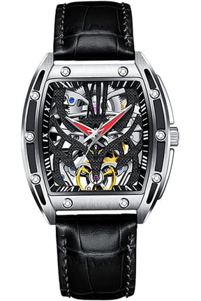 Tonneau Skeleton Tourbillon Automatic Mechanical Men Wrist Watch Business Classic Dress Stainless Steel Leather Sapphire Crystal Waterproof Self-Winding Clock