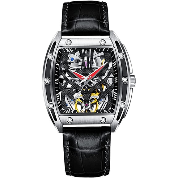 GUANQIN Tonneau Skeleton Tourbillon Automatic Mechanical Men Wrist Watch Business Classic Dress Stainless Steel Leather Sapphire Crystal Waterproof Self-Winding Clock