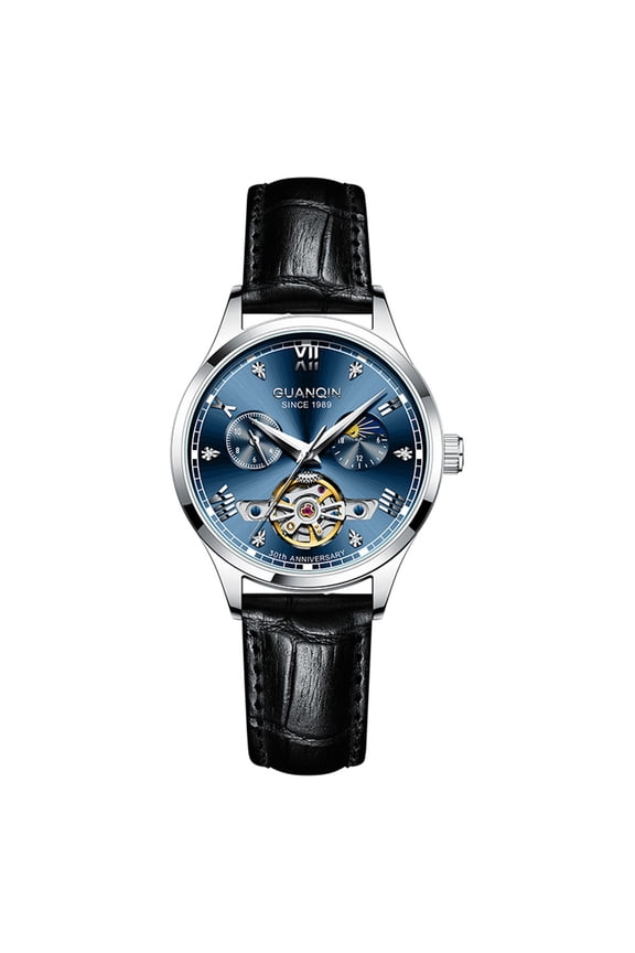 Vintage Skeleton Diamond Dial Automatic Self-Winding Moon Phase Women Mechanical Business Wrist Watch Steel Genuine Leather Sapphire Crystal Waterproof Clock Luminous
