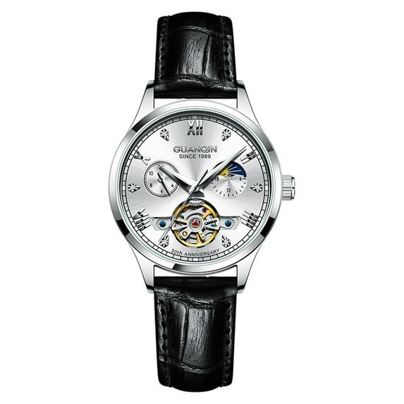 GUANQIN Vintage Skeleton Diamond Dial Automatic Self-Winding Moon Phase Women Mechanical Business Wrist Watch Steel Genuine Leather Sapphire Crystal Waterproof Clock Luminous