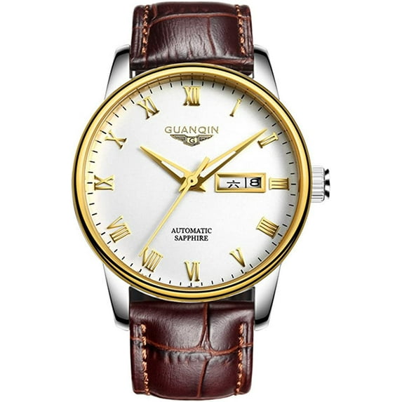 GUANQIN Women Date Day Vintage Clock Automatic Self Winding Stylish Wrist Watch with Stainless Steel or Genuine Leather Band Luminous Sapphire Crystal Mirror