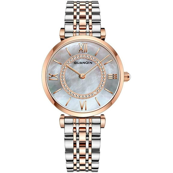 GUANQIN Women Fashion Simple Rhinestone Fritillaria Quartz Wrist Watch with Dial Analog Display and Stainless Steel Band