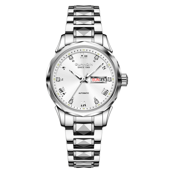 GUANQIN Women Men Couple Calendar Week Diamond Vintage Japanese Automatic Self-Winding Mechanical Wrist Watch Tungsten Steel Sapphire Crystal Waterproof Luminous Clock