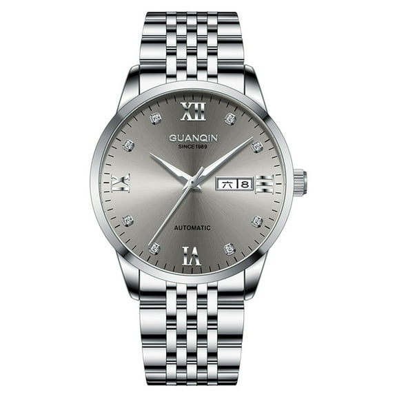 GUANQIN Women Men Couple Calendar Week Rhinestone Vintage Analog Automatic Self-Winding Mechanical Wrist Watch Stainless Steel Sapphire Crystal Waterproof Luminous Business Clock