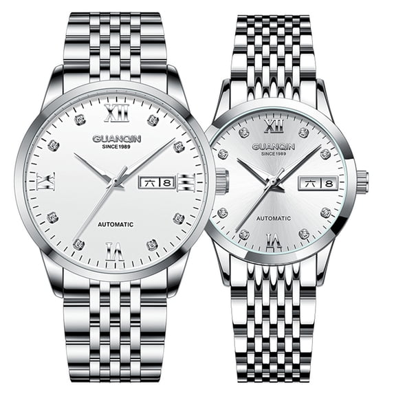 GUANQIN Women Men Couple Calendar Week Rhinestone Vintage Analog Automatic Self-Winding Mechanical Wrist Watch Stainless Steel Sapphire Crystal Waterproof Luminous Business Clock