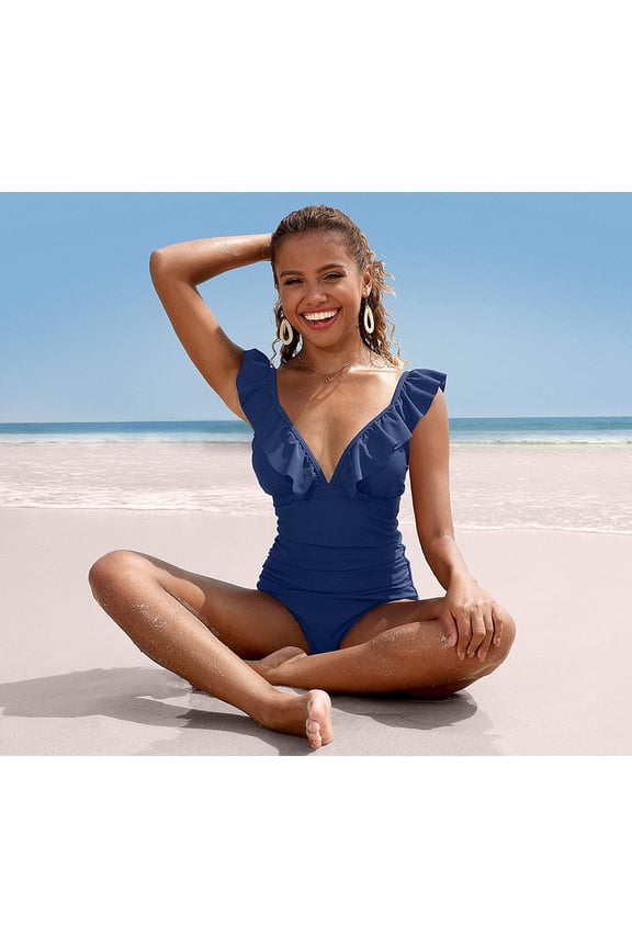 Ladies V Neck One Piece Swimming Costume Ruffle Swimsuits Tummy Control Monokini Bathing Suits
