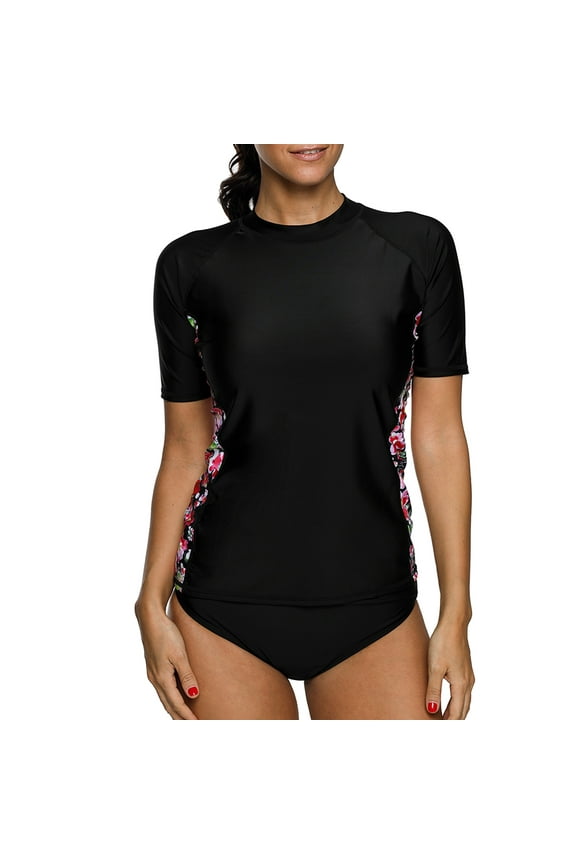 Women Short Sleeve Rash Guards UV Rashguard Swimsuit UPF 50+ Sun Protection Swim Top Black