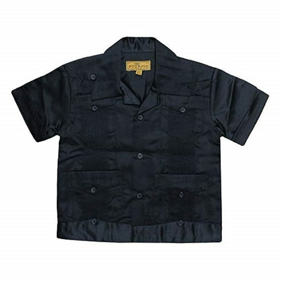 GUAYABERA BEACH WEDDING BAPTISM BUTTON-UP CASUAL DRESS SHIRT FOR KIDS TODDLERS JUNIORS BLACK MEDIUM