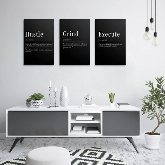 Hustle Grind Execute Wall Art Set of 3 Framed Canvas Black Motiviational Wall Art Home Office Wall Decor Inspirational Positive Quotes Posters Success Entrepreneur Gifts for Men Guys 12"x16"