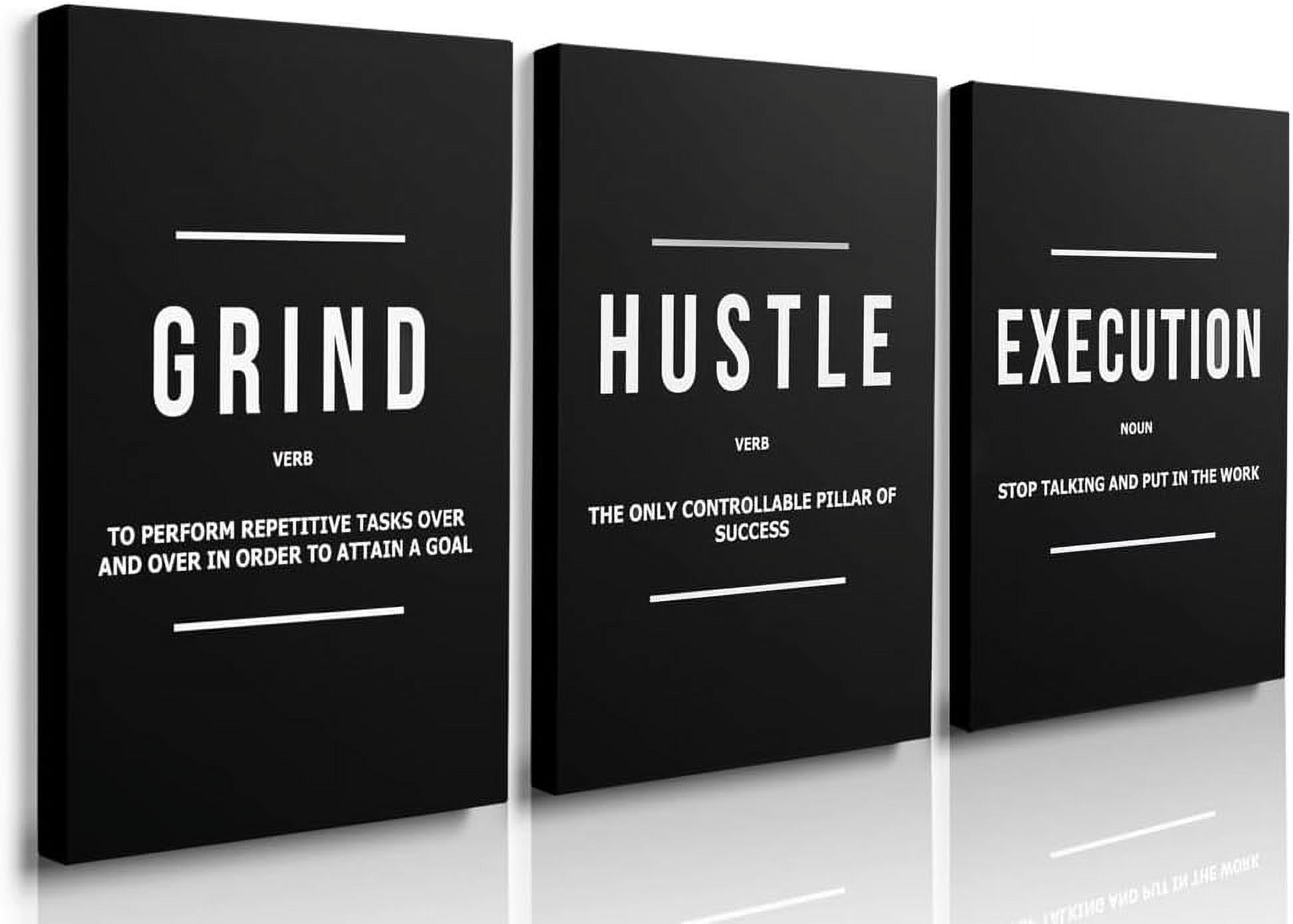 GUBIYU Hustle Grind Execution Wall Art Set of 3 Framed Canvas Black Motiviational Wall Art Home Office Wall Decor Inspirational Positive Quotes Posters Success Entrepreneur Gifts for Mens Guys 12"x16"