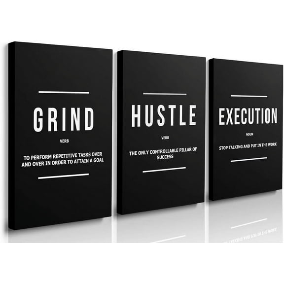 GUBIYU Hustle Grind Execution Wall Art Set of 3 Framed Canvas Black Motiviational Wall Art Home Office Wall Decor Inspirational Positive Quotes Posters Success Entrepreneur Gifts for Mens Guys 12"x16"