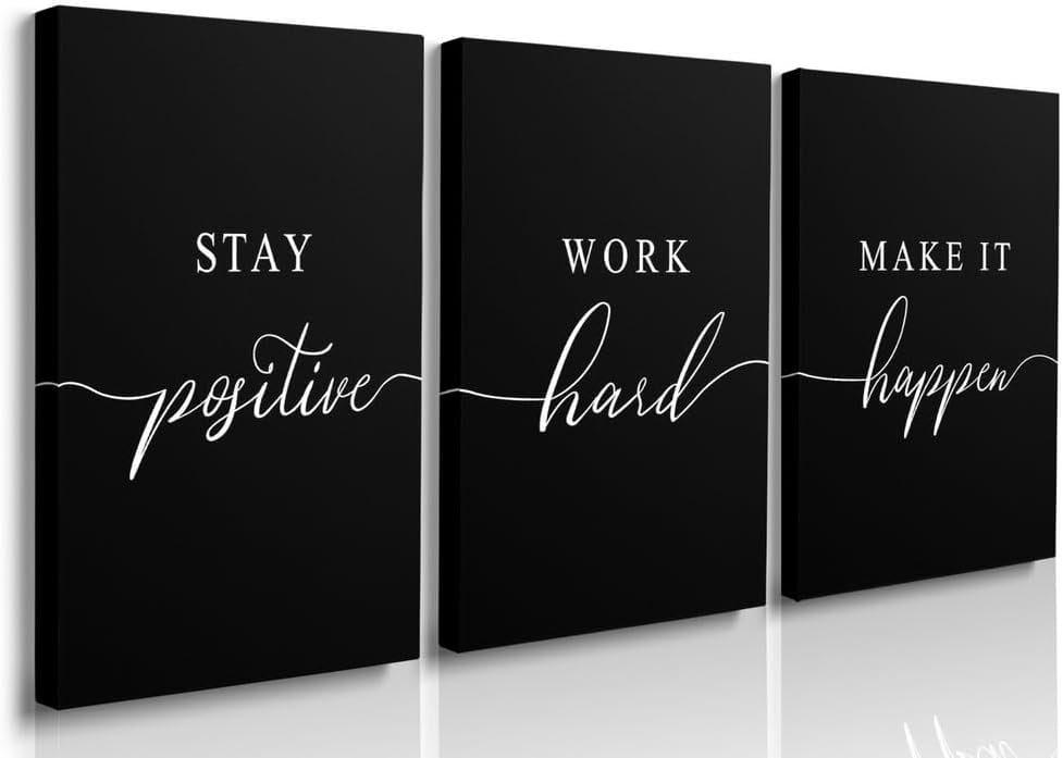 GUBIYU Motivational Wall Art Office Decor 3 PCS Positive Quotes Wall Decor for Office Stay Positive Work Hard Make It Happen Wall Art Office Pictures Inspirational Posters Black Art Wall Decor 12"x16"