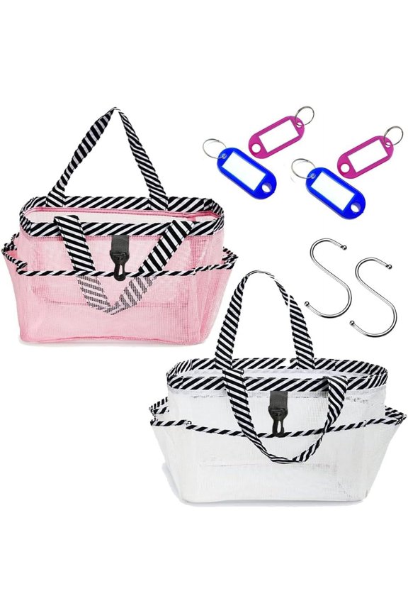 -2 Pack Mesh Shower Caddy Portable Quick Dry Hanging Totes Bags with 8-Pocket for College Dorm Room Essentials, Large Capacity Shower Bags with 2 S Hooks 4 Key Tags for Beach Swimming Gym