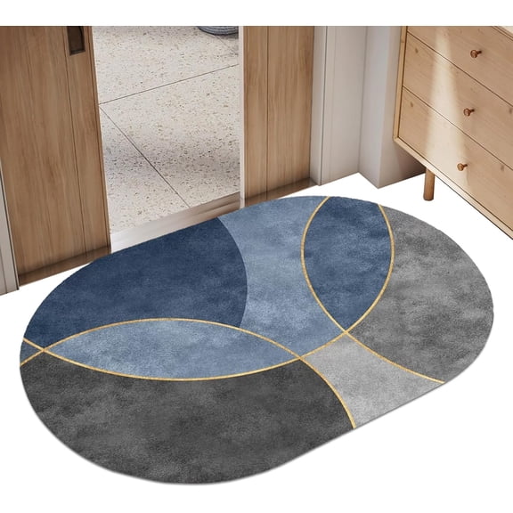 GUCADS-Bathroom Mat, Absorbent Bath Mat with Non-Slip Bottom, Oval Shaped Rug for Shower and Bathtub Area (Geometric Patchwork)