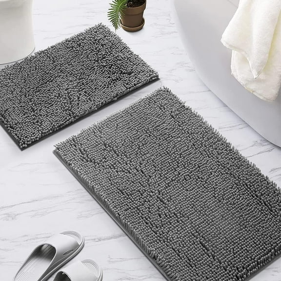 GUCADS-Bathroom Rug,Non-Slip Bath Mat,Soft Cozy Shaggy Thick Bath Rugs for Bathroom,Plush Rugs for Bathtubs,Water Absorbent Rain Showers and Under The Sink (Dark Grey, 17" x 47" Plus 17" x 24")