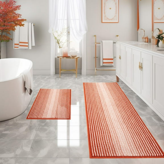 GUCADS-Bathroom Rugs and Mats Sets, 2 Piece Thick Absorbent Chenille Bath Mat Rug Set Non Slip, Soft Shaggy Bath Room Floor Mats for Bathroom, Machine Washable (Sunset Orange, 20" x 60" Plus 20" x 32