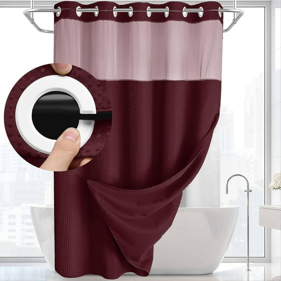 GUCADS-No Hook Shower Curtain with Snap in Liner Set Less Time Waffle Shower Curtain for Bathroom 75" L x 72" W Burgundy