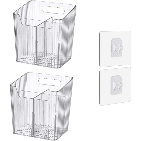 GUCADS-Set Of 2 Storage Organizer Bins Wall Mounted Shower Caddy, Bathroom shelves Stackable Clear Plastic Toothbrush Holder Adhesive Hanging Bin for Bathroom, Kitchen, Cabinet, Shower BPA Free Small